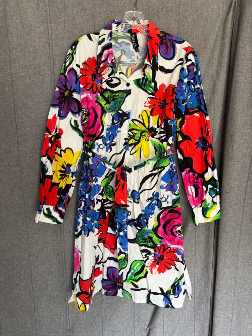 Berek Wearable Art Vibrant Colorful Floral Cotton Button Up Belted Shirt Dress S